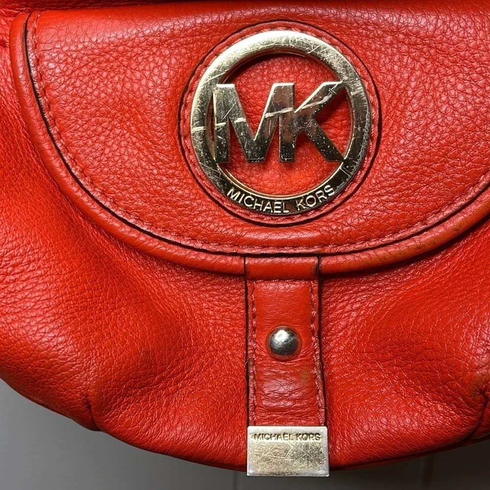 Michael Kors Fulton Orange Red Pebbled Leather Handbag Shoulder Bag
